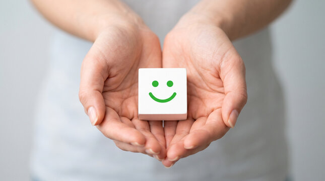 Two hands gently holding a small white cube with a green smiley face symbolizing positivity and happiness.
