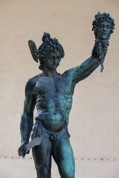 Bronze statue of Perseus and Medusa by Benvenuto Cellini in 1545 in Florence, on transparent background