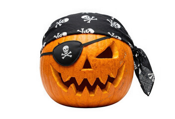 Fototapeta premium Carved pumpkin wearing a pirate bandana and eye patch isolated on transparent background