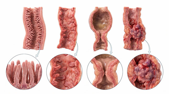 Medical illustration depicting the progression of colon polyps to colorectal cancer and the resulting tissue abnormalities