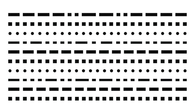 Morse code pattern featuring repetitive black lines dots and squares organized 