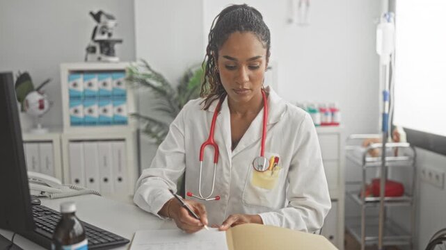 Woman doctor with red stethoscope writing notes and using computer at desk in medical building; focused care.