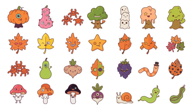 A set of vector icons celebrating Autumn in a fun, quirky style. Features characters, fallen leaves, animals, leaves, mushrooms, pumpkins, grape, trees and acorns. Hello Autumn.