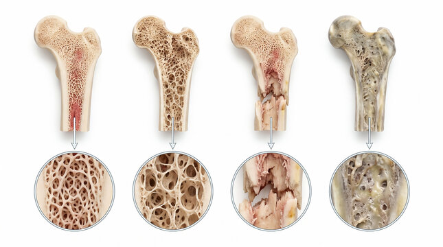 Medical illustration demonstrating the progressive stages of bone health, from a strong, healthy bone structure to severe osteoporosis, visualizing bone loss and degradation