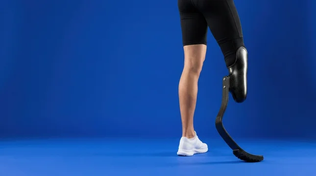 Sportsman displaying sleek carbon fiber prosthetic leg blade on bright blue background