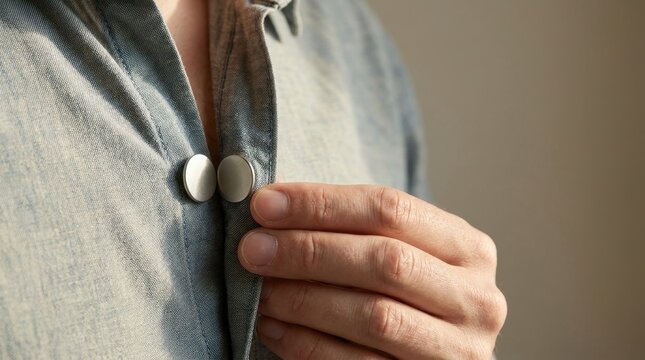 Person closing modern magnetic fastener on blue shirt promoting adaptive fashion accessibility