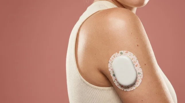 Woman wearing custom designed continuous glucose monitor patch on arm in studio
