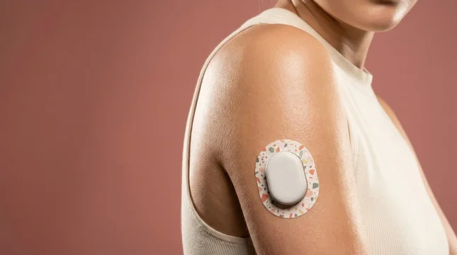 Female patient showing stylish wearable diabetic glucose monitor patch on her shoulder