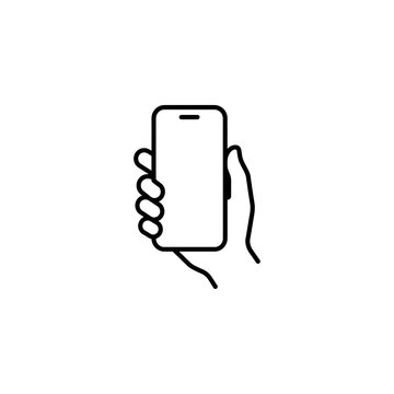Line art icon of a hand holding a smartphone device with smartphone communication technology interaction touchscreen