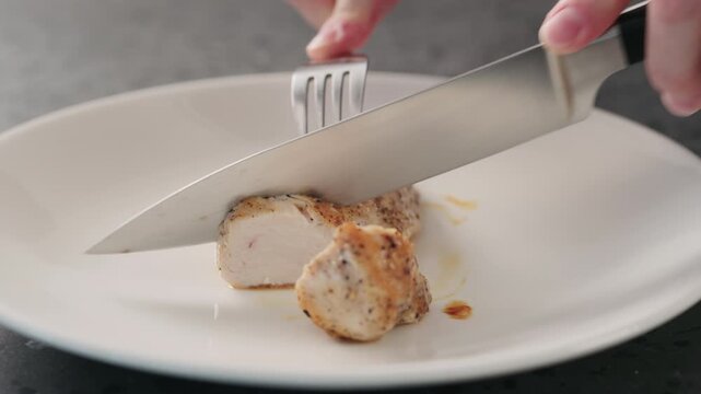 Slow motion man slicing cooked chicken fillet on white plate closeup