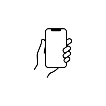 Line icon of a hand gripping a modern smartphone with smartphone gripping communication technology interaction