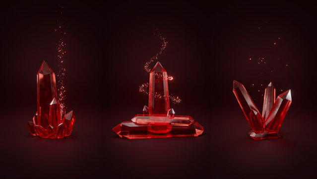 Deep red ruby colored crystal points with floating particles on a dark maroon background
