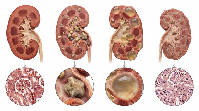 Human Kidney Anatomy & Pathology Medical Illustration of Healthy Kidney, Kidney Stones, Polycystic Disease, and Cellular Views