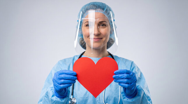 Medical professional in full protective attire presents a large red heart to emphasize compassion and care.