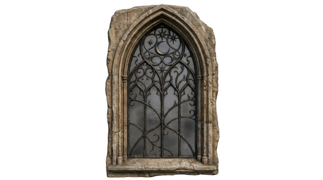 Ancient gothic stone window frame with ornate decorative iron metal grill transparent background