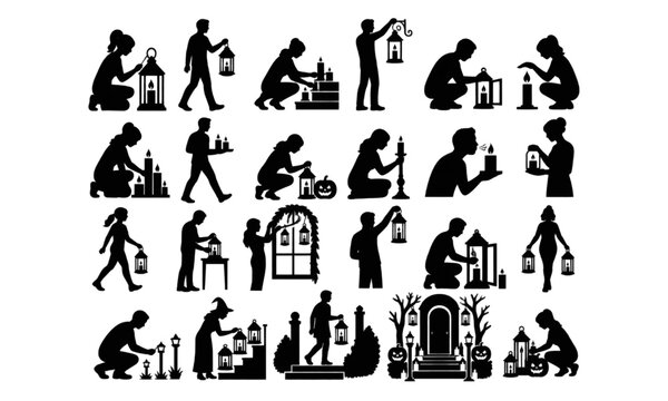 People arranging lanterns and candles around a spooky doorway for Halloween silhouette vector design set