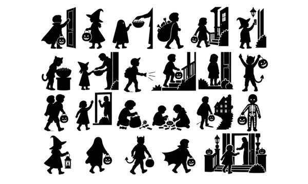 Spooky Halloween children in costumes collecting candy at decorated doorways, silhouette vector design set