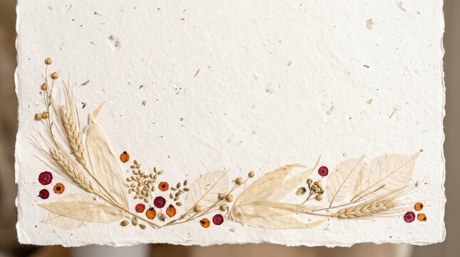 Recycled deckle edge paper Thanksgiving white background border 3D natural fibers with dried botanical arrangements for eco stationery design