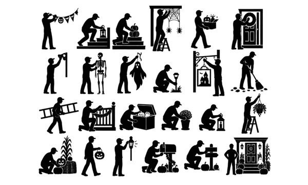 Adults preparing spooky Halloween decorations around homes and gardens, detailed silhouette vector design set