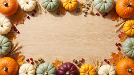 Obraz premium Colorful pumpkins and fall leaves border on rustic wooden background, copy space 