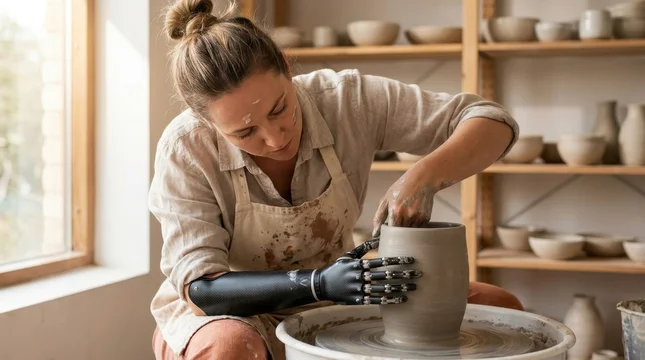 Female potter with bionic arm shaping clay on pottery wheel in studio