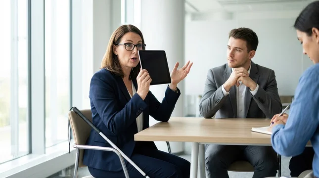 Blind female manager conducting job interview holding tablet in corporate office