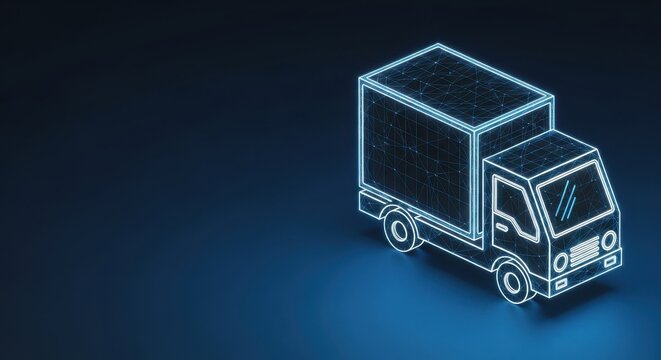 Glowing Blue Wireframe Delivery Truck Moving in Digital Space