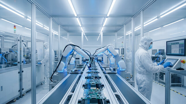 Advanced automated robotic arms working on electronic circuit board assembly line in a cleanroom microchip manufacturing factory, futuristic industry 4.0 automation technology concepts.