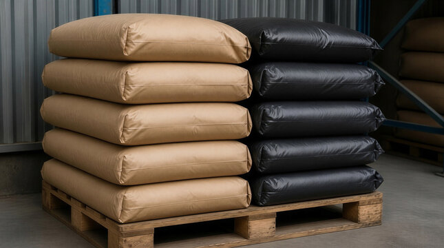 Beige and black industrial bags stacked on a wooden pallet in a warehouse.