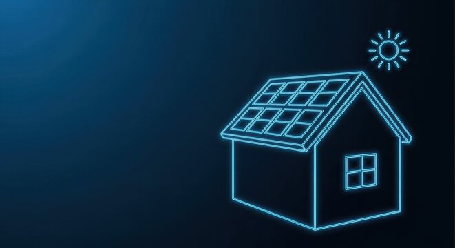 House with Solar Panels on Roof Generating Renewable Energy on Dark Background