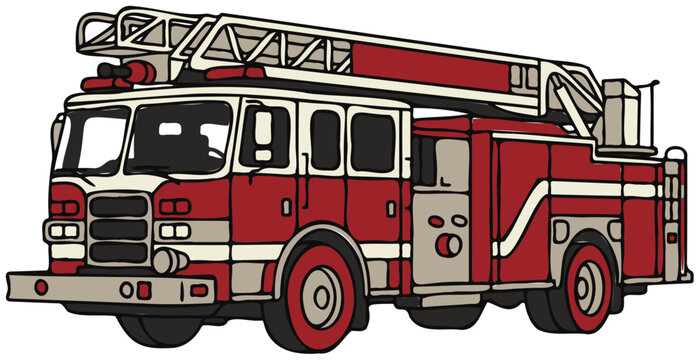 Vintage red fire engine truck with ladder, side view retro emergency vehicle, hand-drawn vector illustration isolated on white background.