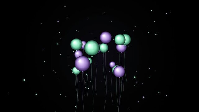 Floating purple and green balloons with glowing particles on black background, animation strings