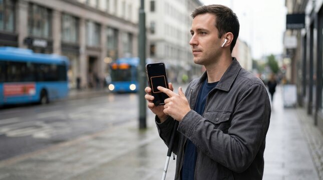 Visually impaired man navigates city utilizing smartphone screen reader and white cane