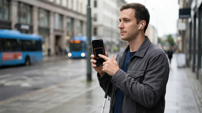 Visually impaired man navigates city utilizing smartphone screen reader and white cane
