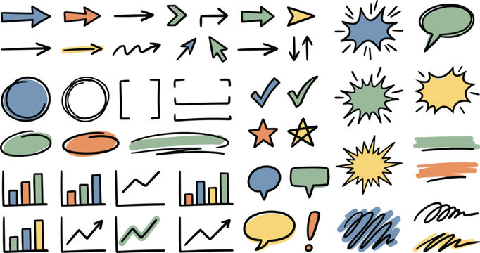 Handdrawn colorful infographic elements with arrows charts and speech bubbles for design