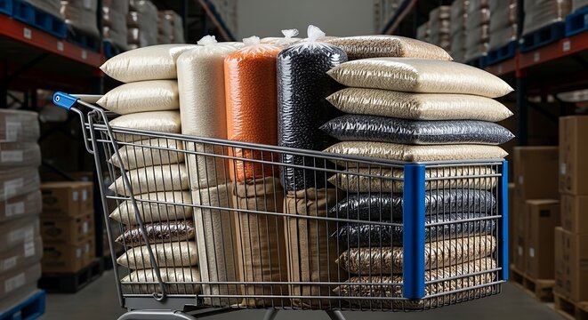 Bulk bags of rice and beans piled in a shopping cart in a storage facility