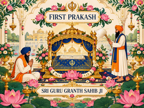 First Prakash Sri Guru Granth Sahib Ji &ndash; Sikh Religious Celebration, Spiritual Devotional Poster