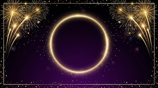 Festive golden circle frame with firework accents and sparkling stars on dark violet background