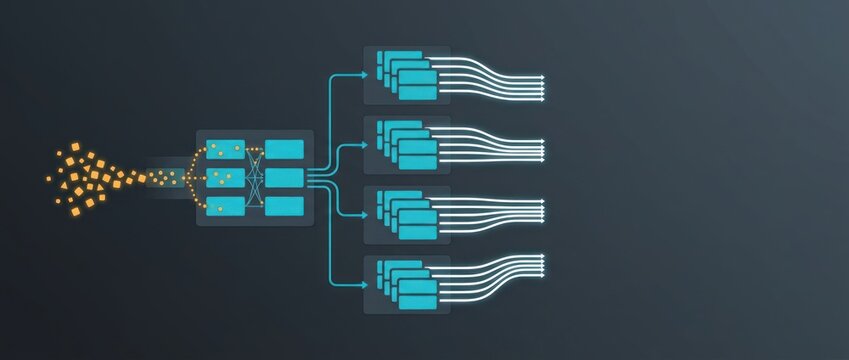 Distributed Job Queue Dispatch Across Parallel Worker Pools with Burst Traffic Smoothing, Workload Distribution and Copy Space on Dark Technology Background