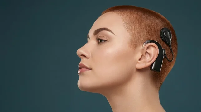 Young woman with modern cochlear implant showing hearing disability accessibility