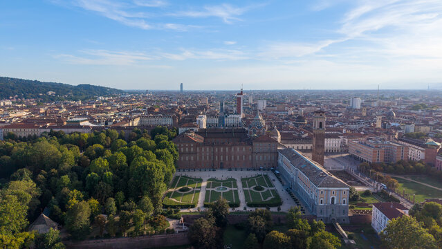 Aerial view of the Royal Palace of Turin with its manicured gardens, historic architecture, and the surrounding urban skyline in Turin, Piedmont, Italy.