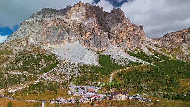 Aerial view of Passo di Falzarego landscape in Italian Dolomites