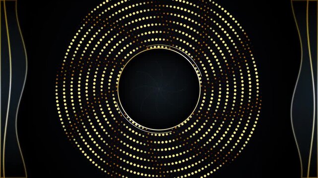 Golden halftone circle rotating on black background, abstract motion loop, luxury dots