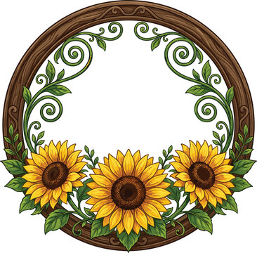 Round wooden frame decorated with bright yellow sunflowers, green leaves, and swirls, vector illustration