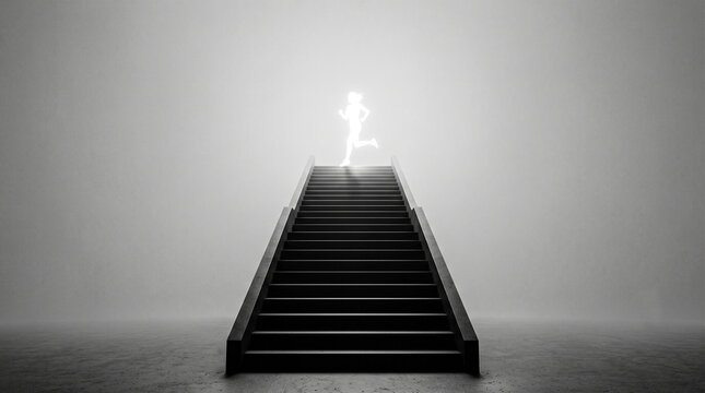 A lone figure ascends a misty staircase into an unseen destination with dramatic lighting.
