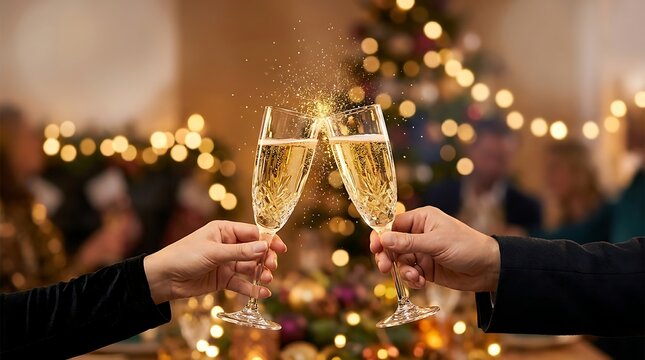 Festive Christmas gathering with champagne toast near decorated tree and warm lights