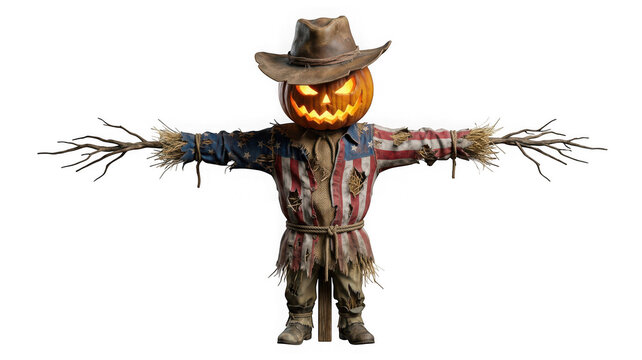 Scary halloween scarecrow with a glowing jackolantern head wearing a cowboy hat isolated on transparent background
