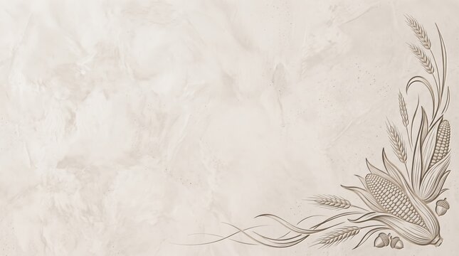 Thanksgiving white background border with 3D microcement texture cornucopia corn and copy space for hospitality menu design