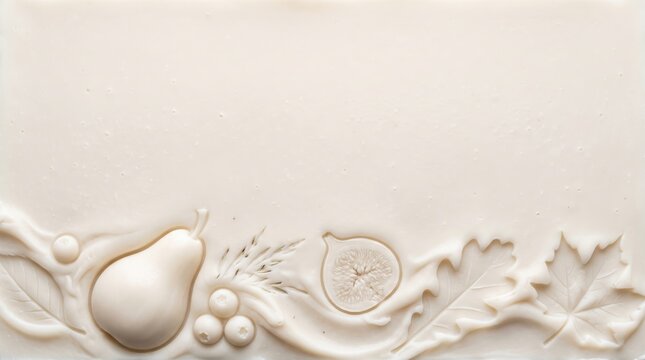 Thanksgiving white background border with 3D sculpted ceramic soap relief, featuring autumn pears and maple leaves for restaurant menu design promotion