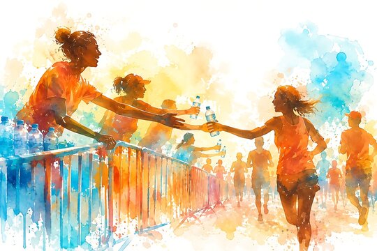 Volunteers handing out water at parade, watercolor illustration